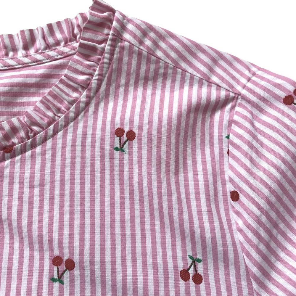Talbots Cherry Striped Top Size Lp Pink Ruffle Neck Preppy Cottage Fruit Blouse